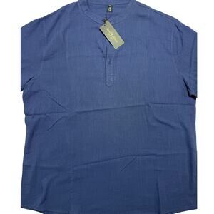 LucMatton Cotton Linen Short Sleeve Henley Shirt XL Blue NWT Guayabera Summer